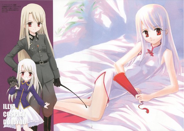 Anime picture 1956x1399 with fate (series) fate/stay night studio deen type-moon illyasviel von einzbern berserker shirotsumekusa long hair looking at viewer highres open mouth smile white hair pink eyes inscription chinese clothes cosplay girl uniform toy