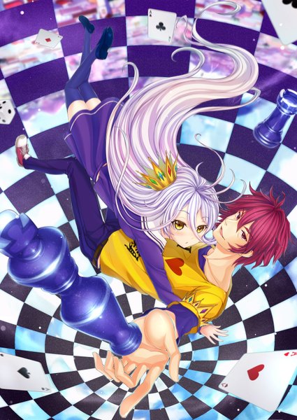 Anime picture 1142x1614 with no game no life madhouse shiro (no game no life) sora (no game no life) e neko (pixiv) long hair tall image looking at viewer blush short hair hair between eyes brown eyes yellow eyes purple hair white hair checkered falling girl boy skirt