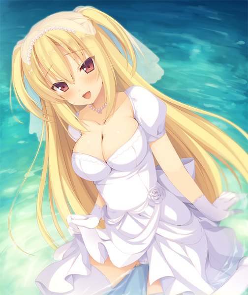 Anime picture 828x984 with original aotsu karin single long hair tall image looking at viewer blush fringe breasts open mouth light erotic blonde hair hair between eyes red eyes payot cleavage head tilt :d arm support two side up