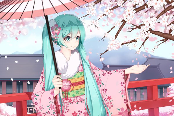 Anime picture 6000x4001 with vocaloid hatsune miku sugar sound single long hair blush fringe highres blue eyes smile hair between eyes standing twintails holding looking away absurdres long sleeves traditional clothes japanese clothes hair flower