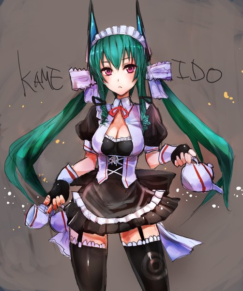 Anime picture 1338x1600 with original menou kaname taishi (picchiridou) single tall image breasts simple background purple eyes twintails cleavage green hair maid puffy sleeves girl thighhighs bow black thighhighs hair bow headdress fingerless gloves