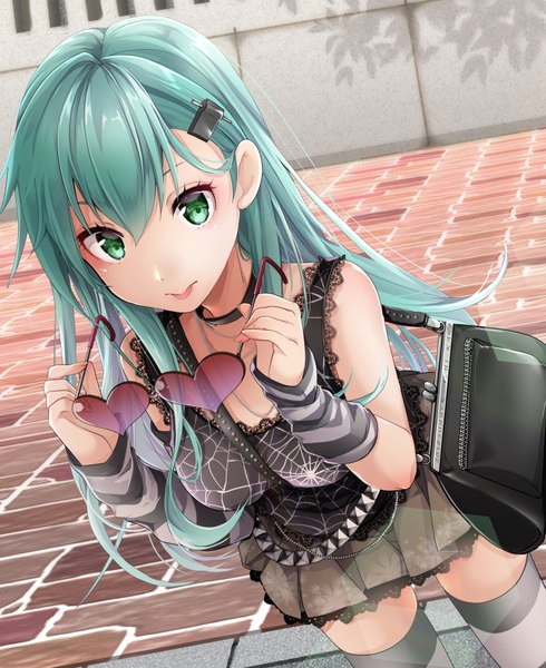 Anime picture 732x896 with kantai collection suzuya heavy cruiser akatsuki hijiri single long hair tall image looking at viewer blush fringe breasts hair between eyes standing holding green eyes outdoors pleated skirt fingernails from above aqua hair dutch angle