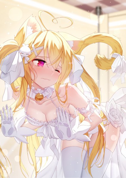 Anime picture 3507x4960 with niliu chahui tokisaki asaba qys3 single tall image blush fringe highres breasts light erotic blonde hair hair between eyes bare shoulders animal ears looking away absurdres cleavage ahoge indoors tail