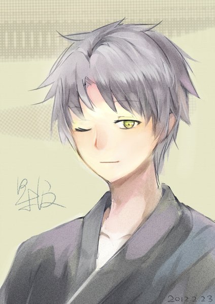 Anime picture 744x1052 with hotarubi no mori e gin (hotarubi no mori e) tyuman single tall image looking at viewer fringe short hair simple background green eyes signed upper body one eye closed light smile grey hair wink dated 2012 boy