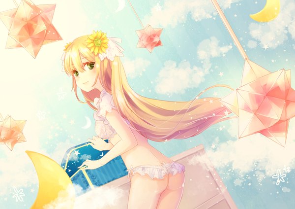 Anime picture 1771x1254 with original ahira yuzu single long hair looking at viewer blush highres light erotic blonde hair green eyes cloud (clouds) ass hair flower girl hair ornament underwear flower (flowers) panties lingerie bra