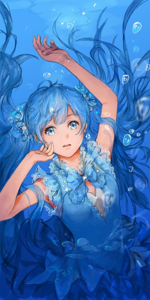 Anime picture 1536x3070 with vocaloid hatsune miku oni neko single tall image looking at viewer fringe open mouth blue eyes twintails blue hair very long hair underwater girl dress hair ornament bow frills bubble (bubbles)