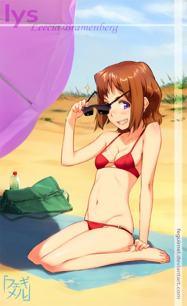 Anime picture 675x1100 with original feguimel single long hair tall image looking at viewer blush breasts light erotic smile brown hair purple eyes signed groin sunglasses removed girl navel swimsuit bikini sunglasses