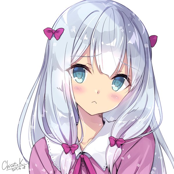 Anime picture 800x800 with eromanga sensei a-1 pictures izumi sagiri kobayashi chisato single long hair looking at viewer blush fringe blue eyes simple background white background signed silver hair upper body head tilt dated :< girl bow