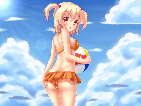Anime-Bild 1500x1125 mit original nottytiffy single looking at viewer blush fringe short hair open mouth light erotic blonde hair red eyes twintails sky cloud (clouds) ass looking back girl swimsuit bikini ball