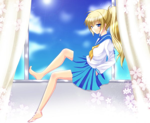 Anime picture 1459x1200 with asazuki kanai long hair blush blue eyes blonde hair ponytail legs girl skirt flower (flowers) miniskirt serafuku window