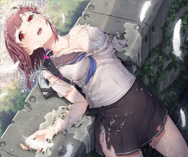 Anime-Bild 1500x1250 mit original itou (onsoku tassha) single short hair breasts open mouth light erotic red eyes brown hair braid (braids) pleated skirt wet on back leaning torn clothes covered navel single braid wet clothes broken mechanical parts