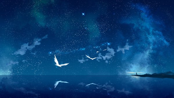 Anime picture 1920x1080 with original tokumu kyuu highres wide image sky cloud (clouds) night night sky reflection no people landscape animal water sea bird (birds) star (stars) lighthouse
