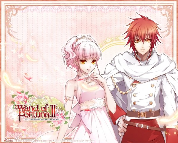 Anime picture 1280x1024 with wand of fortune wand of fortune 2 idea factory lulu (wand of fortune) lagi el nagil looking at viewer short hair open mouth yellow eyes pink hair red hair orange eyes hand on hip girl dress boy hair ornament flower (flowers) jewelry feather (feathers)