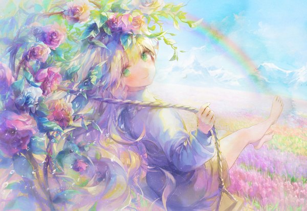 Anime picture 1492x1029 with original 888myrrh888 single long hair looking at viewer blush fringe blonde hair sitting holding green eyes sky cloud (clouds) full body looking back barefoot wind mountain girl dress