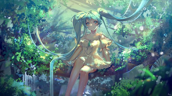 Anime picture 5291x2976 with vocaloid hatsune miku arua single looking at viewer fringe highres smile hair between eyes wide image sitting twintails absurdres outdoors very long hair aqua eyes aqua hair tree sitting girl dress