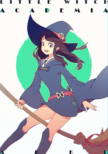 Anime picture 707x1000 with little witch academia studio trigger kagari atsuko vienri single long hair tall image looking at viewer open mouth brown hair white background brown eyes copyright name witch broom riding girl hat witch hat broom