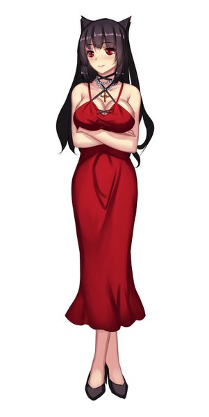 Anime picture 1519x3025 with original musynexsk single long hair tall image blush breasts light erotic simple background red eyes brown hair white background bare shoulders animal ears looking away cleavage cat ears no bra high heels crossed arms
