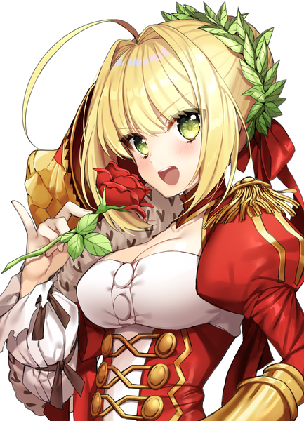 Anime-Bild 1261x1746 mit fate (series) fate/extra nero claudius (fate) nero claudius (fate/extra) gambe single tall image blush fringe short hair breasts open mouth simple background blonde hair hair between eyes large breasts white background green eyes payot cleavage