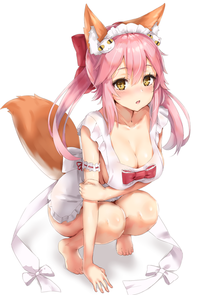 Anime picture 1047x1500 with fate (series) fate/grand order fate/extra tamamo (fate) (all) tamamo cat (fate) reinama single long hair tall image looking at viewer blush fringe breasts open mouth light erotic simple background hair between eyes large breasts white background twintails