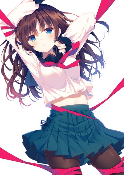 Anime picture 700x990 with original yamucha single long hair tall image looking at viewer blush fringe blue eyes simple background brown hair white background arm up bare belly girl uniform ribbon (ribbons) pantyhose serafuku