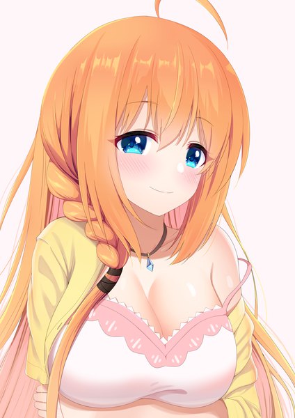 Anime picture 990x1400 with princess connect! re:dive princess connect! pecorine (princess connect!) pecorine (real) (princess connect!) syurimp single long hair tall image looking at viewer blush fringe breasts blue eyes light erotic simple background smile hair between eyes large breasts payot upper body