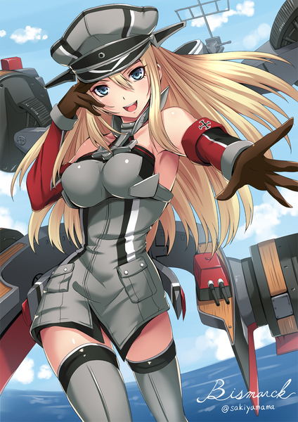 Anime picture 800x1131 with kantai collection bismarck battleship sakiyamama single long hair tall image looking at viewer open mouth blue eyes light erotic blonde hair signed girl thighhighs gloves weapon elbow gloves peaked cap