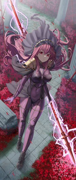 Anime picture 1127x2667 with fate (series) fate/grand order scathach (fate) (all) scathach (fate) silvertsuki single long hair tall image looking at viewer fringe breasts hair between eyes red eyes large breasts standing holding purple hair full body outdoors from above