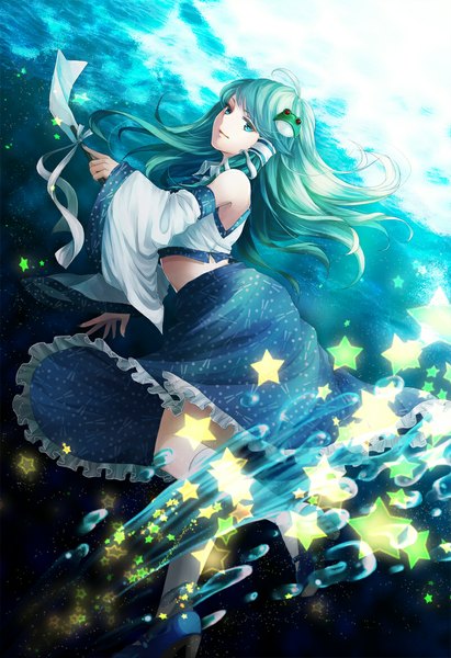 Anime picture 800x1167 with touhou kochiya sanae awa toka single long hair tall image blue eyes green hair underwater girl dress hair ornament detached sleeves star (symbol) bubble (bubbles) hair tubes gohei