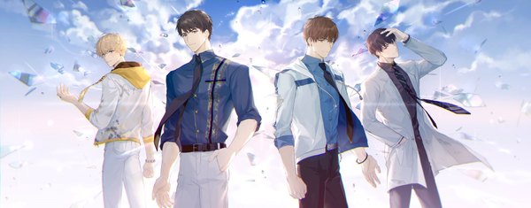 Anime picture 2048x804 with koi to producer: evol x love zen (evol x love) simon (evol x love) kira (evol x love) haku (evol x love) rrr (reason) highres short hair black hair blonde hair brown hair wide image brown eyes sky cloud (clouds) multiple boys sparkle hand on head hand in pocket twisty sleeves