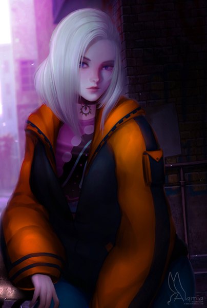 Anime picture 1716x2545 with original alqmia single long hair tall image looking at viewer highres blue eyes signed white hair long sleeves open jacket girl choker jacket hood