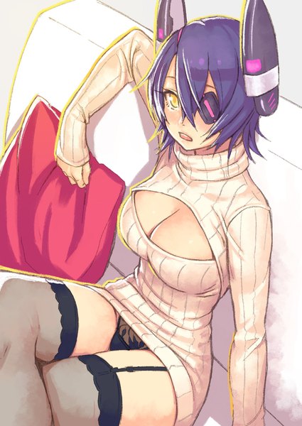 Anime picture 779x1100 with kantai collection tenryuu light cruiser yuuji (and) single tall image looking at viewer blush fringe short hair breasts open mouth light erotic hair between eyes large breasts sitting yellow eyes purple hair from above crossed legs cleavage cutout
