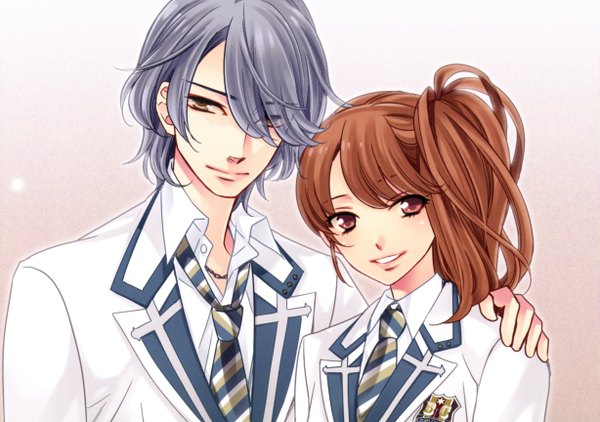 Anime picture 4906x3456 with brothers conflict idea factory ema (brothers conflict) asahina iori udajo long hair blush fringe highres short hair smile brown hair brown eyes absurdres purple hair scan hair over one eye side ponytail hand on another's shoulder girl