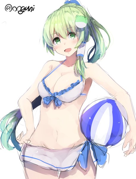 Anime picture 914x1200 with touhou kochiya sanae wowoguni single long hair tall image looking at viewer blush breasts open mouth light erotic simple background large breasts white background green eyes signed ponytail green hair hand on hip alternate hairstyle