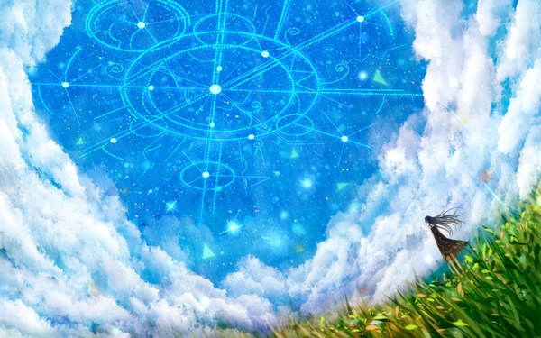 Anime picture 1920x1200 with original bounin single long hair highres black hair wide image sky cloud (clouds) wind from behind magic girl dress plant (plants) black dress grass magic circle