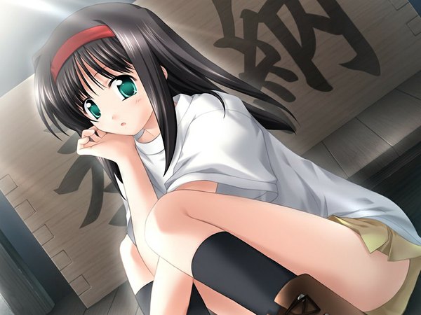 Anime picture 1024x768 with suika (game) black hair green eyes game cg girl hairband