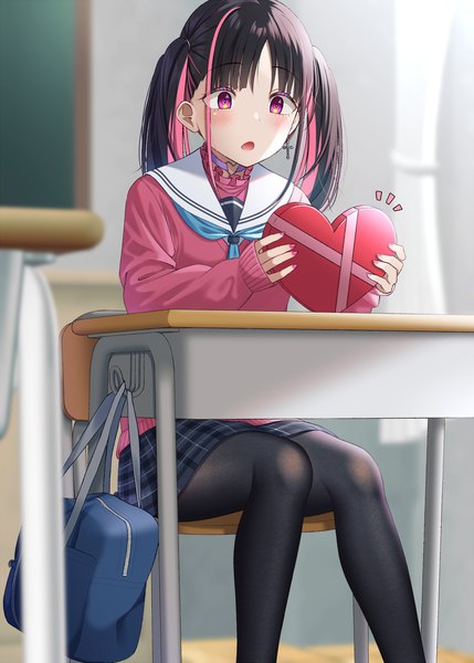 Anime picture 1300x1818 with original gurande (g-size) single long hair tall image blush open mouth black hair sitting twintails payot indoors nail polish pink eyes multicolored hair streaked hair valentine classroom pink nail polish girl