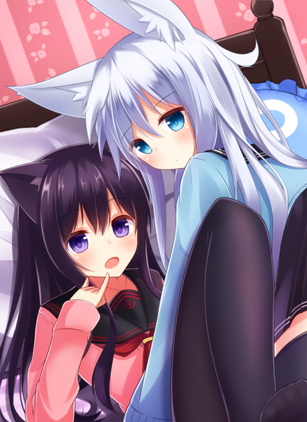 Anime picture 793x1087 with kantai collection hibiki destroyer akatsuki destroyer surume aburi long hair tall image looking at viewer blush fringe open mouth blue eyes hair between eyes purple eyes multiple girls animal ears purple hair bent knee (knees) white hair pleated skirt looking back