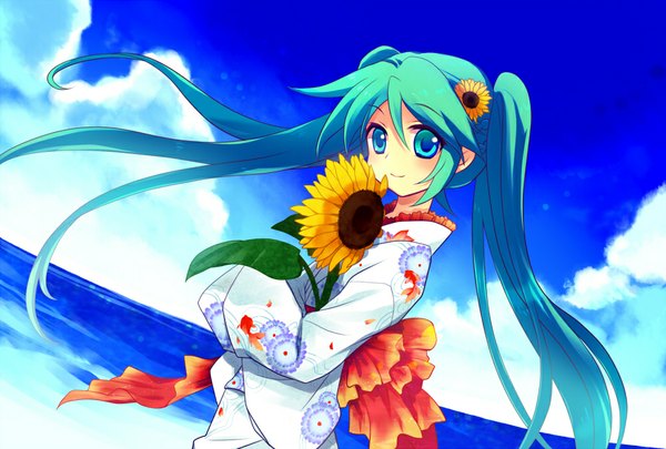 Anime picture 1000x675 with vocaloid hatsune miku miyu (matsunohara) single long hair looking at viewer blush standing twintails sky cloud (clouds) traditional clothes japanese clothes hair flower aqua eyes light smile wind aqua hair girl hair ornament