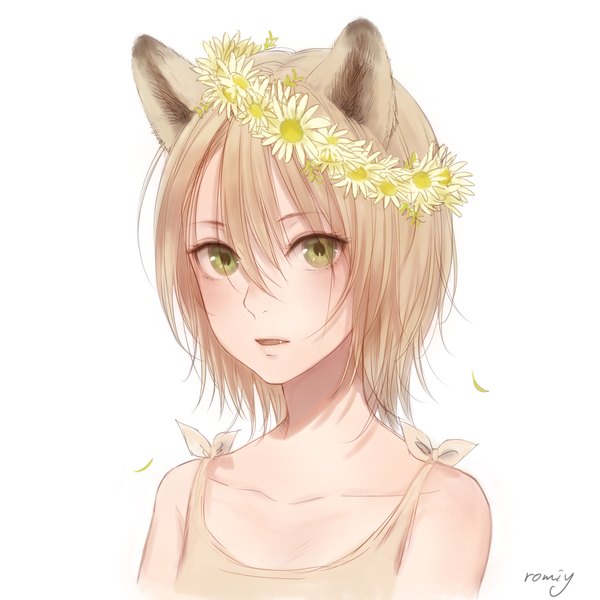 Anime picture 3401x3401 with original romiy single looking at viewer blush fringe highres short hair open mouth simple background blonde hair hair between eyes white background bare shoulders green eyes signed animal ears absurdres upper body animal tail