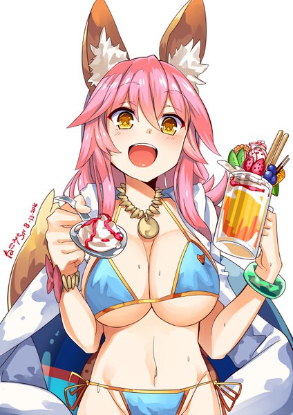 Anime picture 2169x3069 with fate (series) fate/extra tamamo (fate) (all) tamamo no mae (swimsuit lancer) (fate) nekomicha single long hair tall image looking at viewer blush fringe highres breasts open mouth light erotic simple background hair between eyes large breasts white background signed
