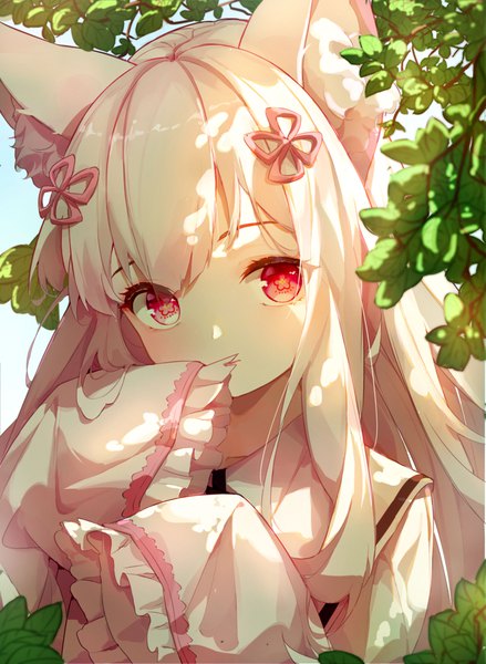 Anime picture 3041x4155 with virtual youtuber soy (virtual youtuber) yorurui sansan single long hair tall image looking at viewer fringe highres red eyes animal ears absurdres upper body white hair head tilt sunlight wide sleeves fox ears fox girl symbol-shaped pupils