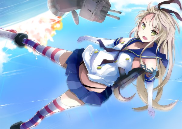 Anime picture 1200x848 with kantai collection shimakaze destroyer rensouhou-chan kokumu single long hair looking at viewer blush open mouth yellow eyes white hair girl thighhighs skirt gloves bow weapon hair bow miniskirt elbow gloves