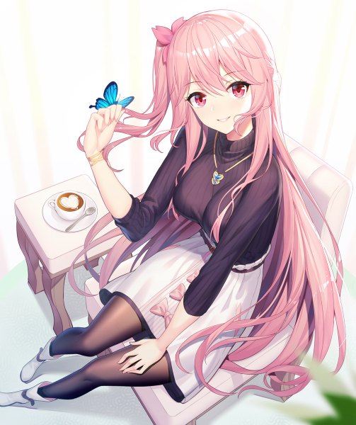 Anime picture 1006x1200 with original emily stock ririko (zhuoyandesailaer) single tall image looking at viewer fringe smile hair between eyes sitting pink hair very long hair pink eyes from above one side up butterfly on hand girl skirt bow hair bow