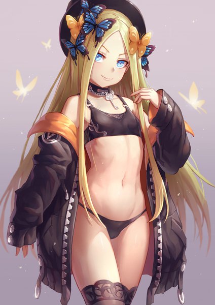 Anime picture 1240x1754 with fate (series) fate/grand order abigail williams (fate) mool yueguang single long hair tall image looking at viewer fringe blue eyes light erotic blonde hair simple background smile standing payot off shoulder open jacket gradient background girl