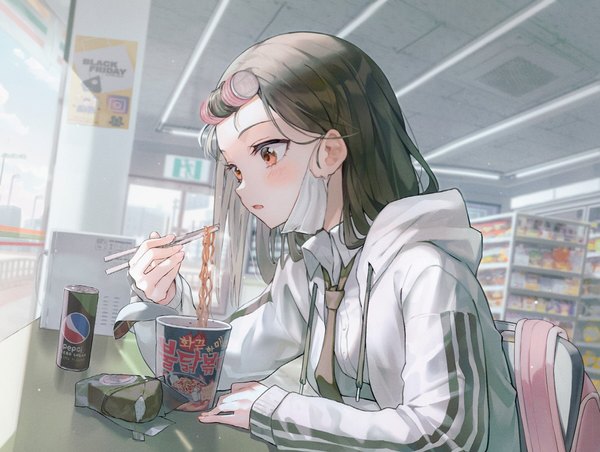 Anime picture 1200x904 with original pepsi 7-eleven huwari (dnwls3010) single long hair blush open mouth brown hair sitting brown eyes looking away upper body indoors long sleeves profile dutch angle eating girl necktie