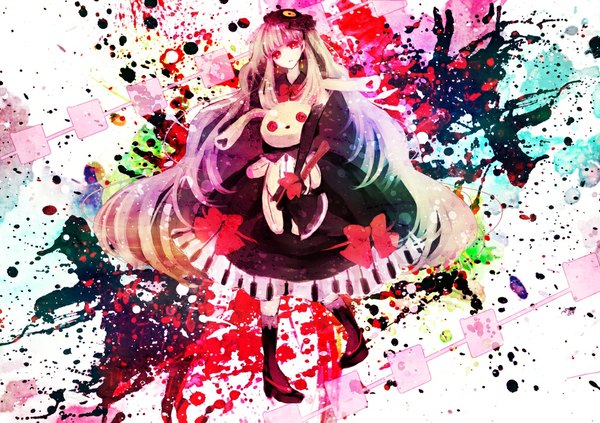 Anime picture 1024x723 with vocaloid mayu (vocaloid) usano mimi mirimo single looking at viewer blonde hair red eyes very long hair goth-loli multicolored girl dress bow weapon hat socks black dress black socks toy