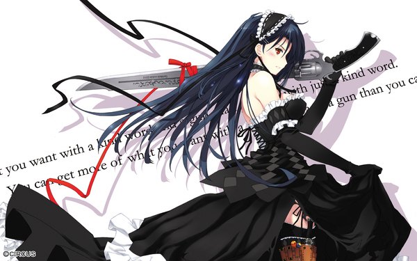 Anime picture 1920x1200 with ar forgotten summer circus (studio) highres black hair wide image orange eyes gothic girl dress ribbon (ribbons) weapon