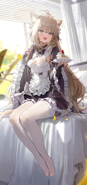 Anime picture 2009x4296 with original freng single long hair tall image looking at viewer blush fringe highres breasts open mouth blonde hair smile hair between eyes large breasts sitting holding cleavage full body ahoge