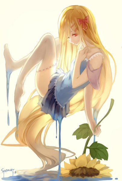 Anime picture 1181x1748 with original spencer sais single tall image fringe blonde hair red eyes holding signed very long hair pleated skirt hand on chest looking down girl thighhighs skirt hair ornament flower (flowers) bow hair bow
