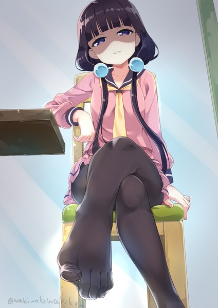 Anime picture 2895x4096 with blend s a-1 pictures sakuranomiya maika neki (wakiko) single long hair tall image looking at viewer fringe highres black hair smile sitting twintails purple eyes signed blunt bangs long sleeves parted lips head tilt